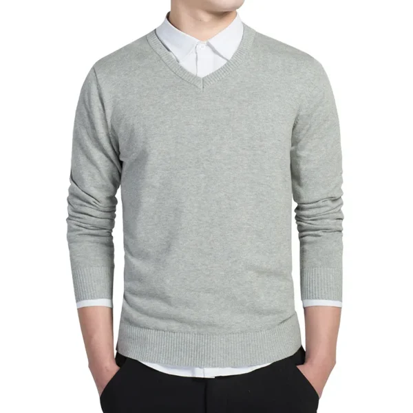 V-Neck Solid Cotton Knitted Sweater for Men - Image 4