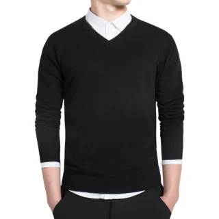 V-Neck Solid Cotton Knitted Sweater for Men
