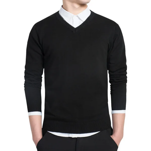 V-Neck Solid Cotton Knitted Sweater for Men