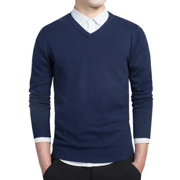 V-Neck Solid Cotton Knitted Sweater for Men - Image 3