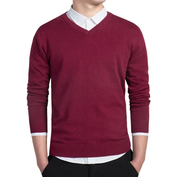 V-Neck Solid Cotton Knitted Sweater for Men - Image 2